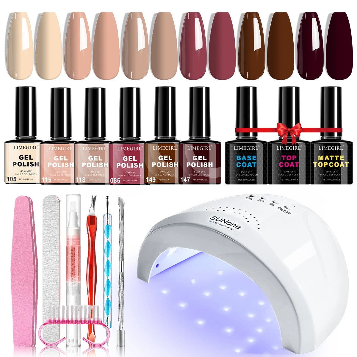 Limegirl Gel Nail Kit with Nail Lamp, 8ml Morandi Set, Base/Top/Matte, 30 Days Wear, UV/LED for Home & Salon