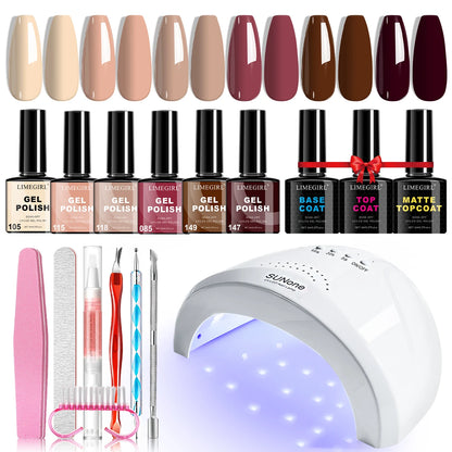 Limegirl Gel Nail Kit with Nail Lamp, 8ml Morandi Set, Base/Top/Matte, 30 Days Wear, UV/LED for Home & Salon