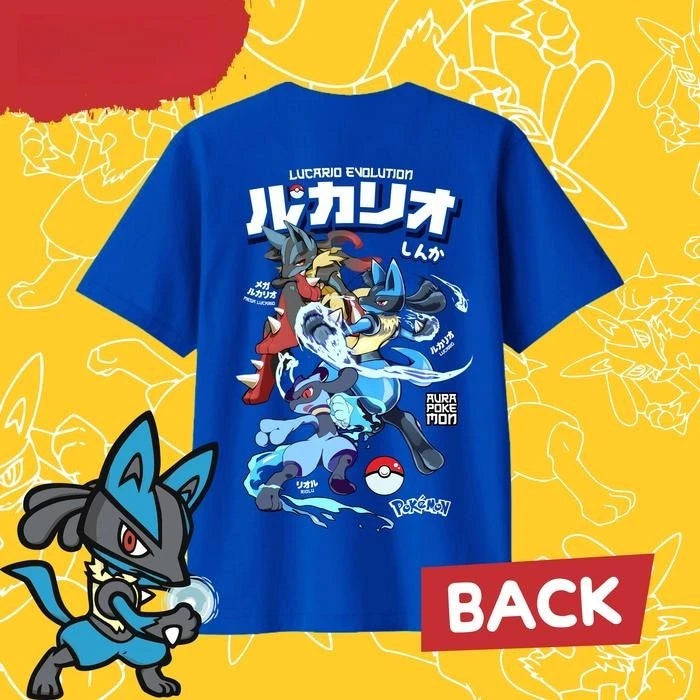 2025 Summer Pokémon Anime LUCARIO 100% Pure Cotton Printed T-shirt Men Harajuku Loose Casual Versatile Short-sleeved Loose Y2k