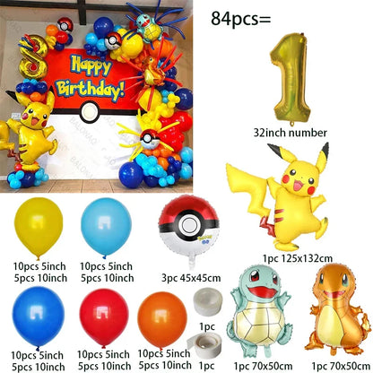 84pcs Pikachu Party Balloons Garland Arch Kit Pokemon Theme Birthday Party Decor Supplies Pikachu Squirtle Bulbasaur Pocket Ball