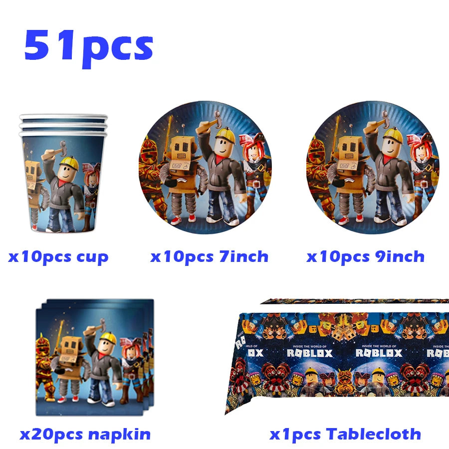 Hot Roblox Disposable Tableware Tableware Set Tablecloth Napkins Candy Box Gift Bag Kids Birthday Party Supplies Gifts