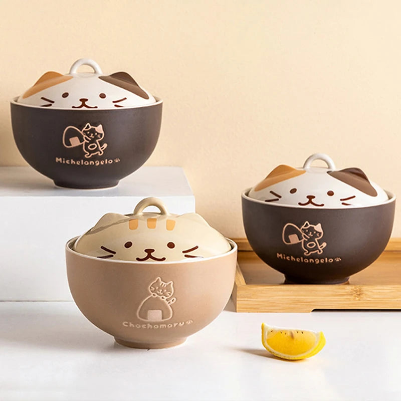 Cartoon Cat Ceramic Noodle Bowl with Lid 🐱🍜
