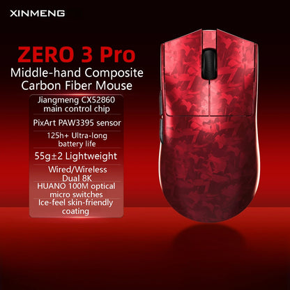 XINMENG ZERO 3 Gaming Mouse PAW3311/PAW3395/PAW3950 E-sport Sensor 1K/8K Polling Rate Carbon Fiber Case 500mAh Battery Wireless