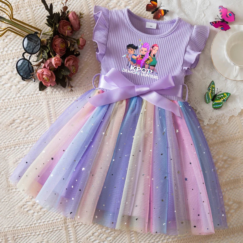 Girls' HUNTRX Rainbow Tulle Princess Dress: Sequin Star & Chibi Idol Party Gown