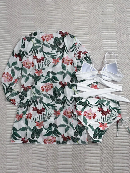 Three Pieces Bikini Set Cover Up Women 2023 New Push Up Twist Swimsuit Print Long Sleeve Swimwear Biquini Bathing Suit Summer