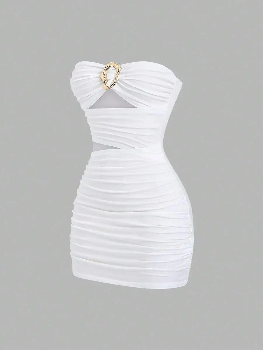 Women's Sexy Slim-Fit Strapless Bustier Mini Dress with Metal Buckle