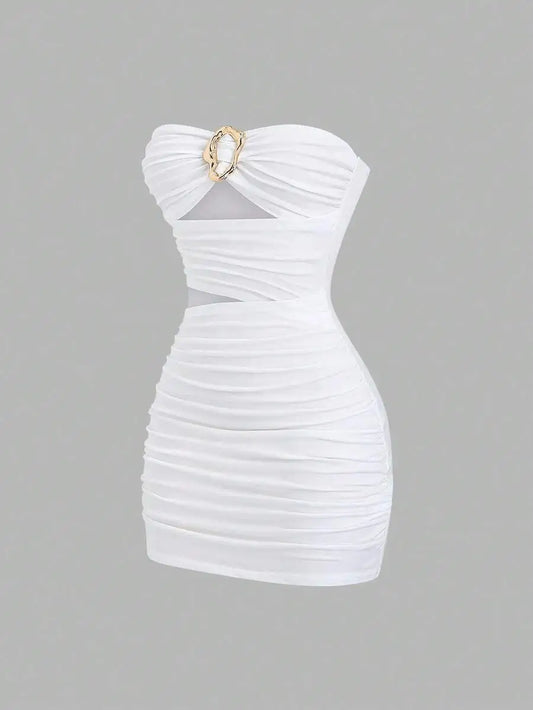 Women's Sexy Slim-Fit Strapless Bustier Mini Dress with Metal Buckle