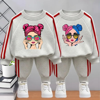 2026 Spring New Style Children's Tracksuit Printed Kids O Neck Hoodies and Long Pant Two Piece Girls Casual Sweatshirts Sets