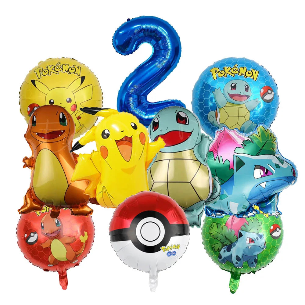 10pcs Cartoon Theme Party Balloon jump Pikachu Little Fire Dragon Jenny Turtle Foil Balloon Kids Birthday Party Decoration Gifts