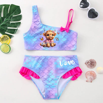 Girls' "Nature Love" Bikini Set: Mermaid Scale Pattern with Chibi Fox & Asymmetric Ruffles