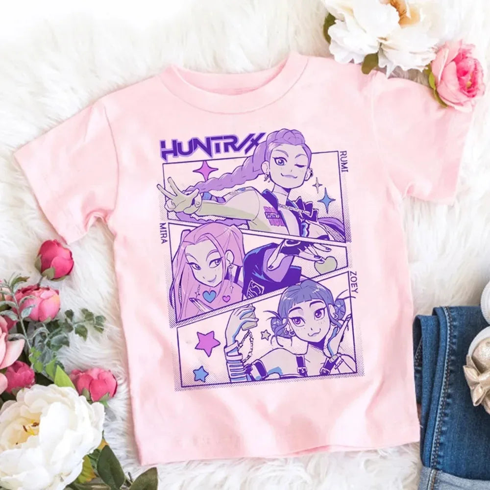 2026 Summer Kpop Demon Hunters T Shirt Kids Cartoon Anime Meme Print Clothes Round Neck Basic Boys Tops Casual Shirts Gift