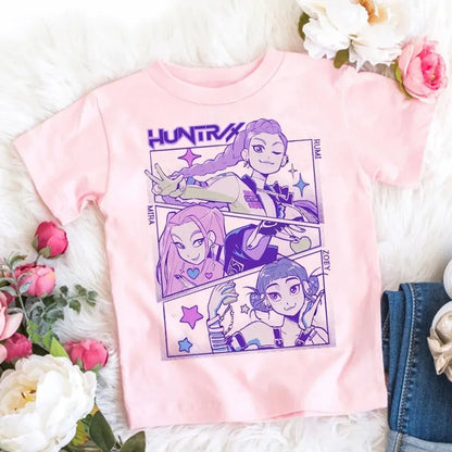 2026 Summer Kpop Demon Hunters T Shirt Kids Cartoon Anime Meme Print Clothes Round Neck Basic Boys Tops Casual Shirts Gift