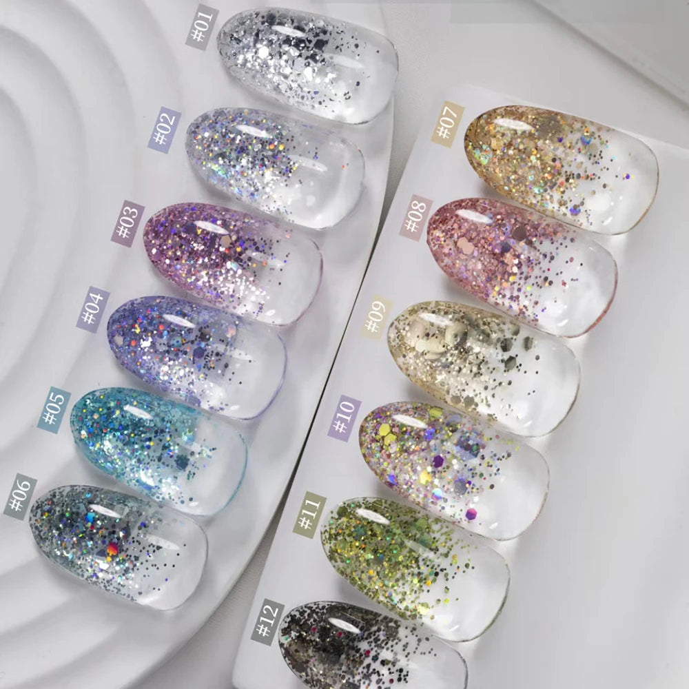 Starlight 12 Colors Sparkling Glitter Gel Nail Polish Set With Color Card 15ML Sequins Nail Gel Semi-Permanent UV LED Varnishes