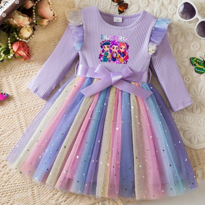K-Pop Hunters Zoey Mira Rumi Colorful Princess Dress for Kids Girls Casual Long Sleeve Sequin Mesh Dresses Party Gift 1-5Y