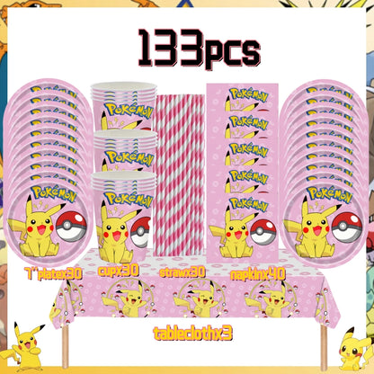 Pink Pokemon Birthday Party Decoration Disposable Tableware Set Pikachu Tablecloth Cup Plate Baby Shower Kids Diy Party Supplies