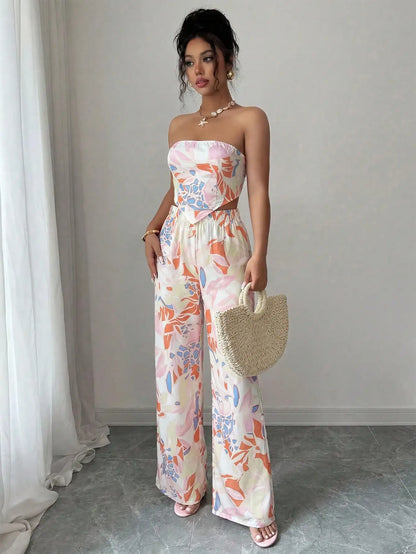 2pcs Set Halter Tie Bow Crop Top And Wide Leg Printed Pants For Women