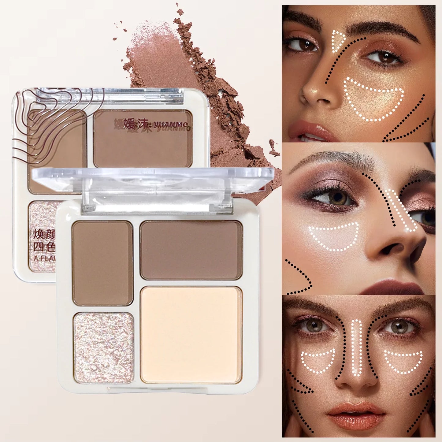 The four-color highlighter contour palette is matte and long-lasting, brightening three-dimensional contours
