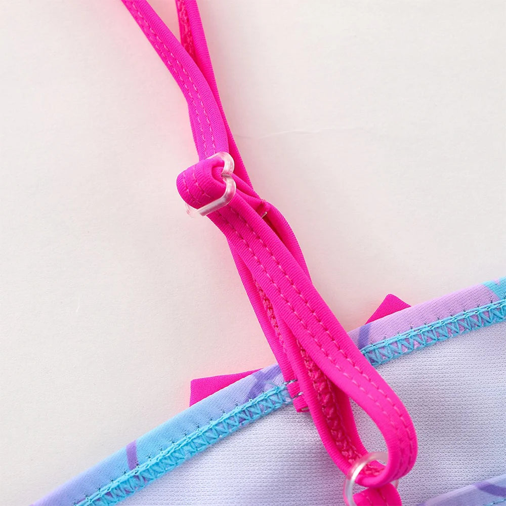 Girls' "Mermaid Heart" One-Piece Swimsuit: Colorful Scale Pattern with Asymmetric Ruffles