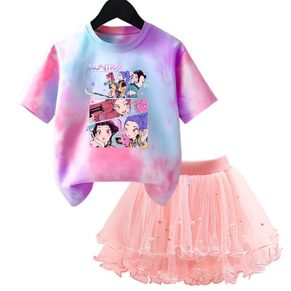 Girls' K-Pop HUNTRX Princess Set: Tie-Dye Graphic Tee & Pearl Tutu Skirt 2-Piece Outfit
