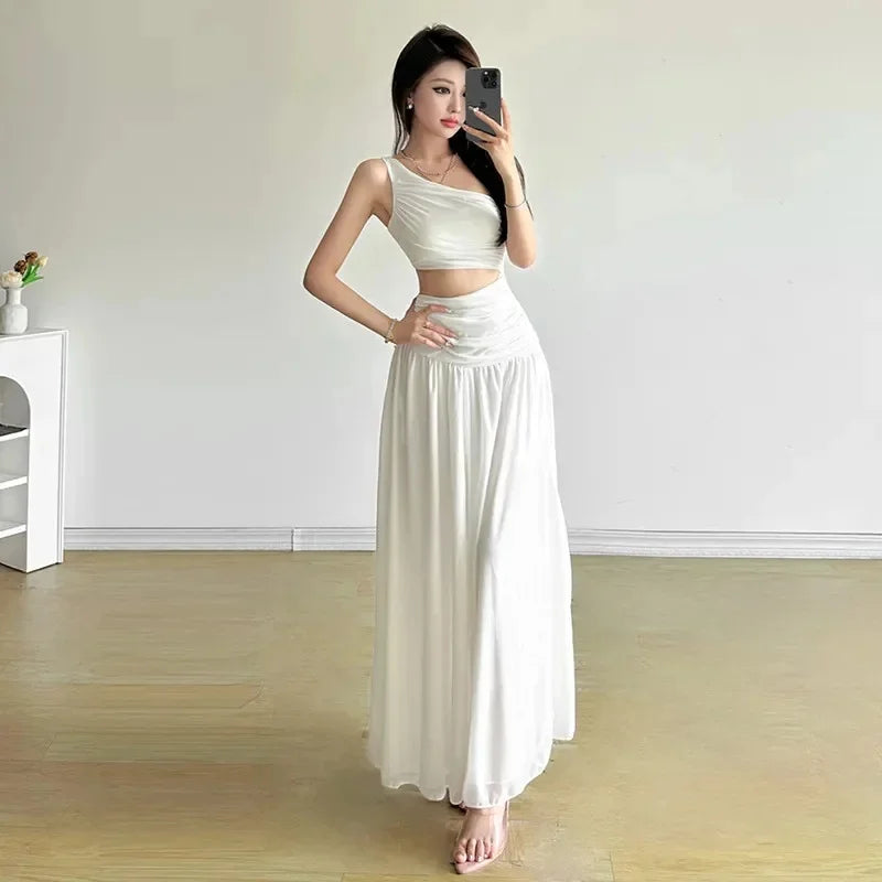 Original Quality French Style White Sleeveless Asymmetrical Shoulder Summer Long Dress Women's Holiday Feelings Skirt