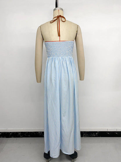 2026 Summer New Style Deep V-neck Striped Beach Dress, Sexy Backless Sleeveless Neckline Long Dress