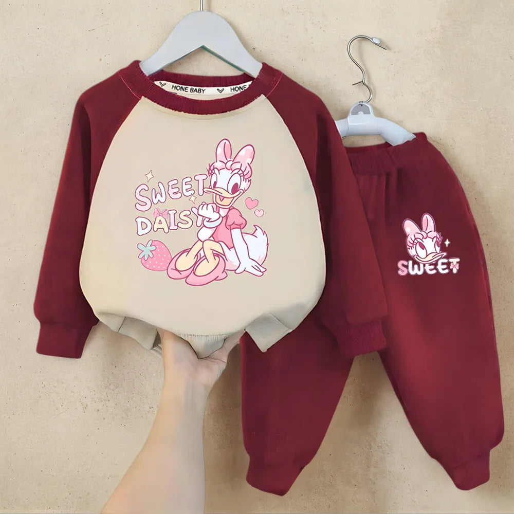 DISNEY DAISY DUCK Printed Spliced Long Sleeved Hoodies Sets for Girls 0-8years Spring Fall Kids Sweatpant Two Pieces Tracksuit