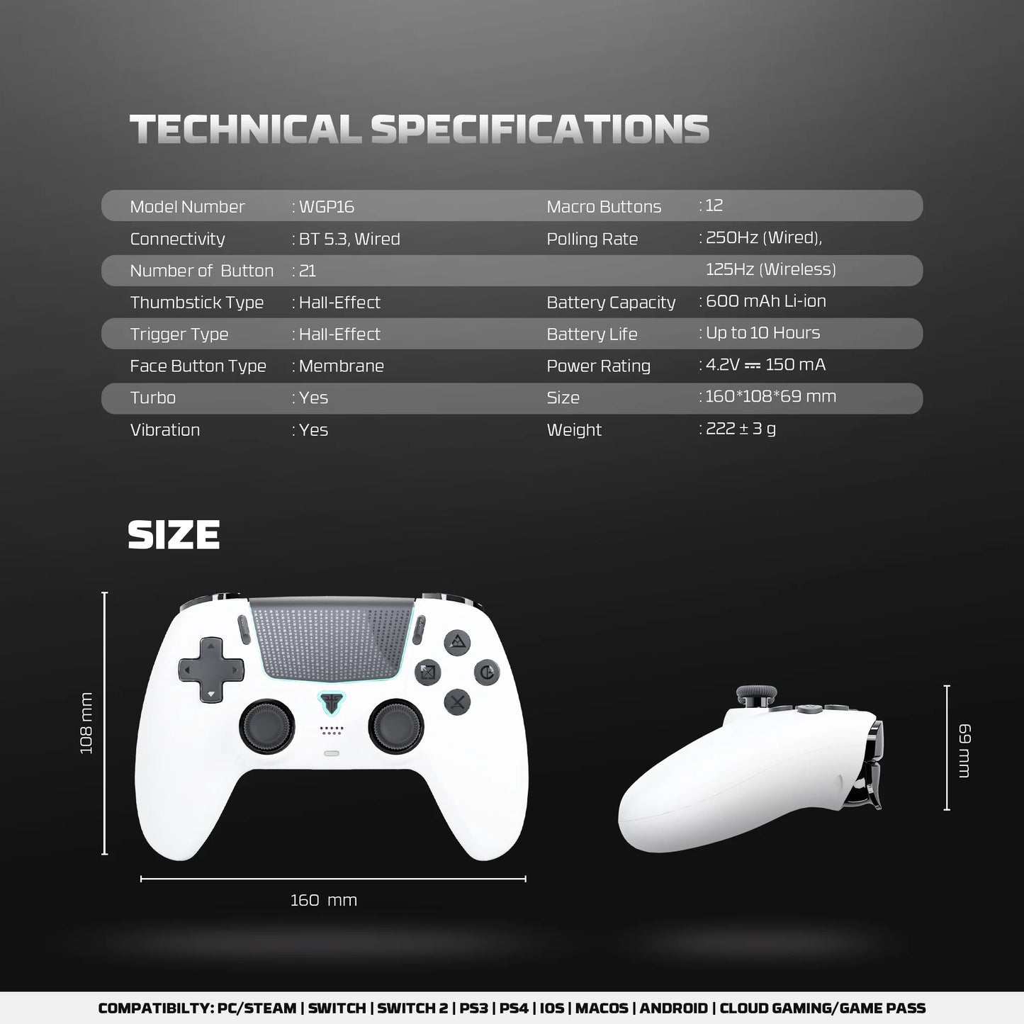 FANTECH NOVA II WGP16 Wireless Gamepad Gyro Sensor Hall Joystick and Effect Trigger for PS4 NS2 Wired Controller Gamer