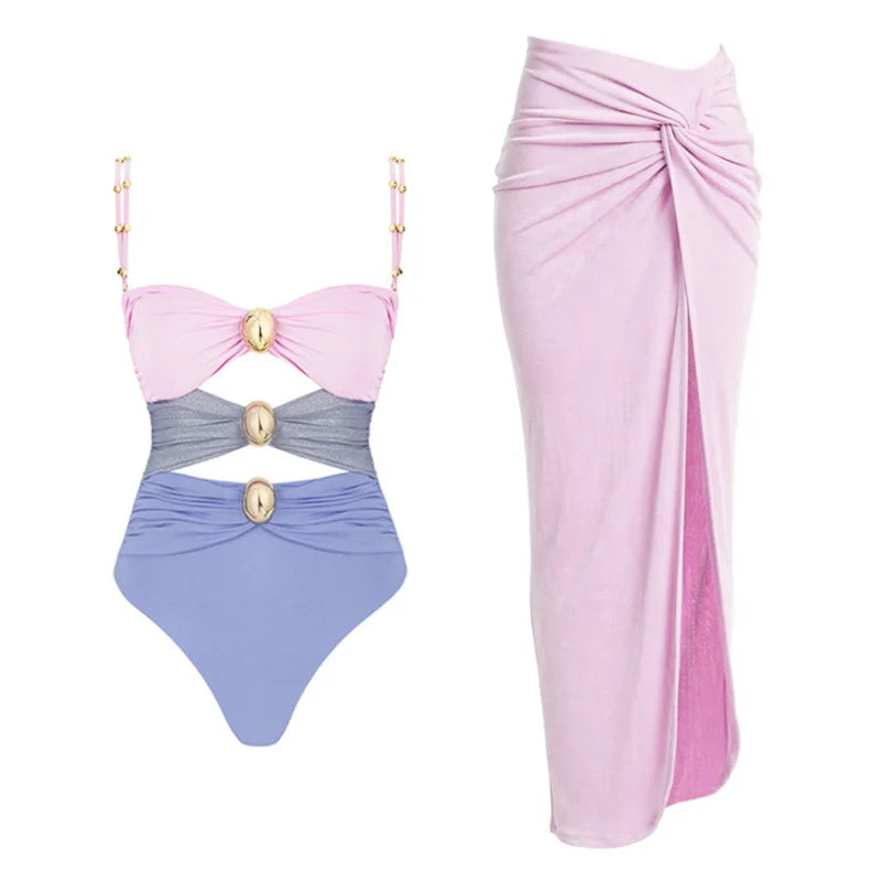 2024 Sexy Women's Swimsuit with Skirt One-Piece Swimwear Vintage Ruffle V Neck Cover Up Bikinis Set Beachwear Bathing Suit