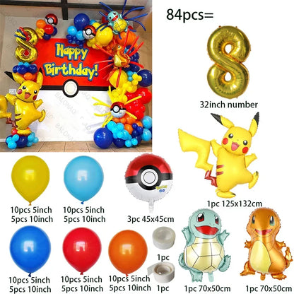 84pcs Pikachu Party Balloons Garland Arch Kit Pokemon Theme Birthday Party Decor Supplies Pikachu Squirtle Bulbasaur Pocket Ball