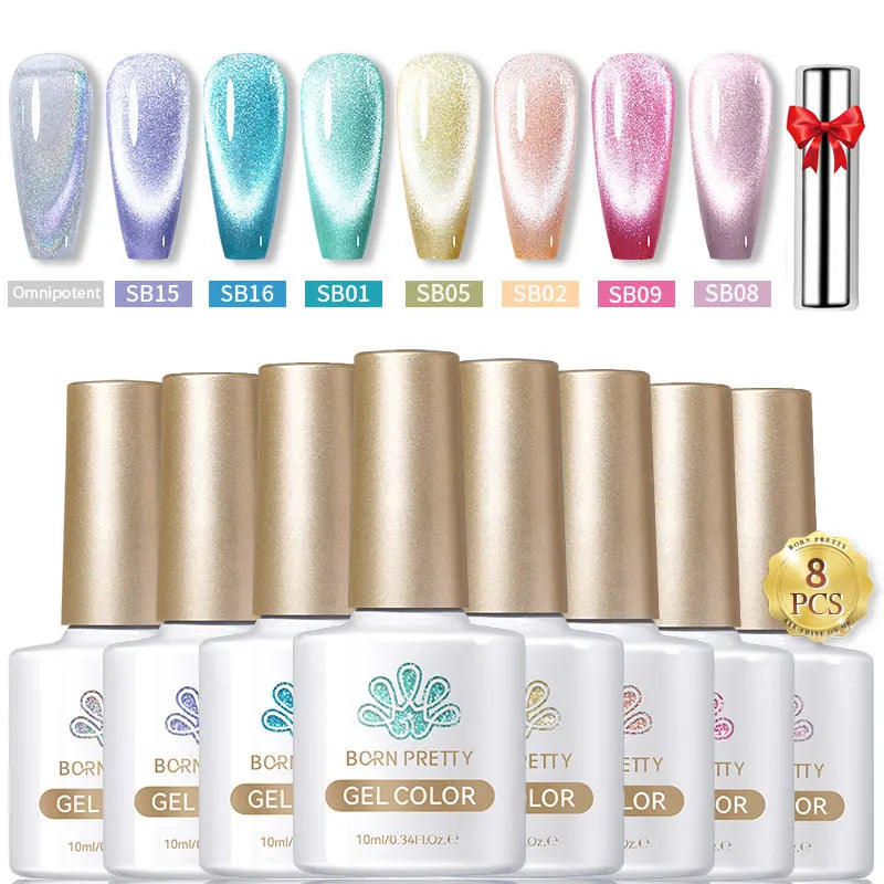 BORN PRETTY 8Pcs Glitter Cat Magnetic Nail Gel Polish Set Moonlight Transparent Summer Semi Permanent UV Gel Soak Off Nail Gel
