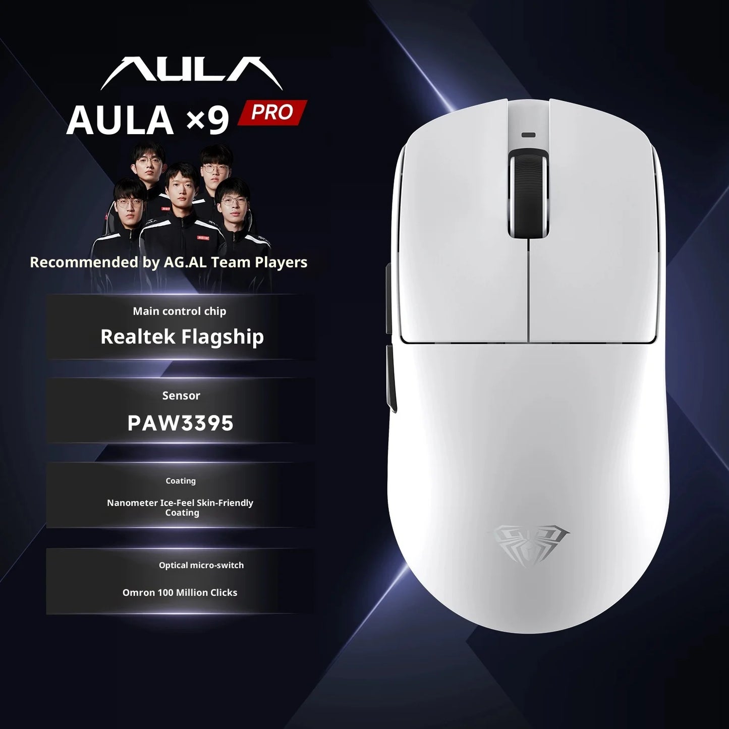 AULA X9 Max Ultra Gaming Mouse Wireless Tri Mode Dual 8KHz 500mAh PAW3950 Lightweight Ergonomic Esports Mouse Gaming Accessories