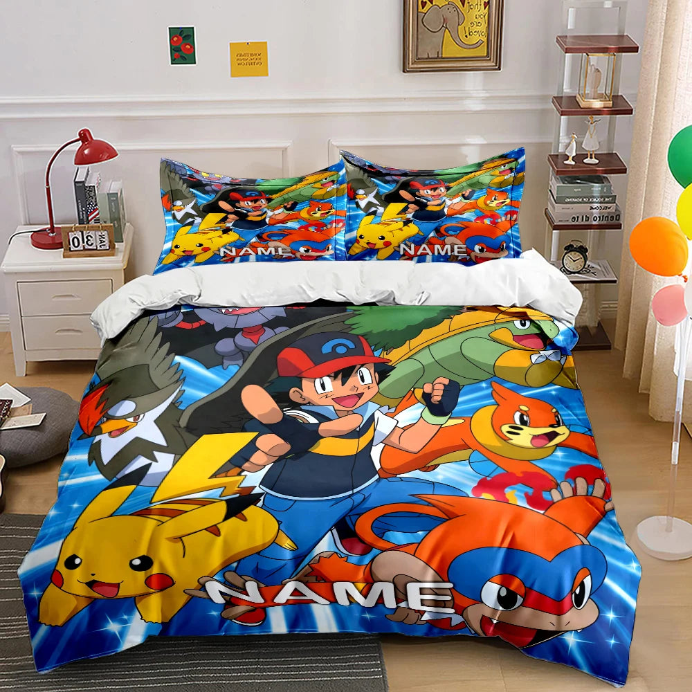 3PC Custom Name Pokemon Cartoon Print Bedding Set Duvet Cover 1 Duvet Cover 2 Pillowcases Adult and Children Bedding Set Luxury