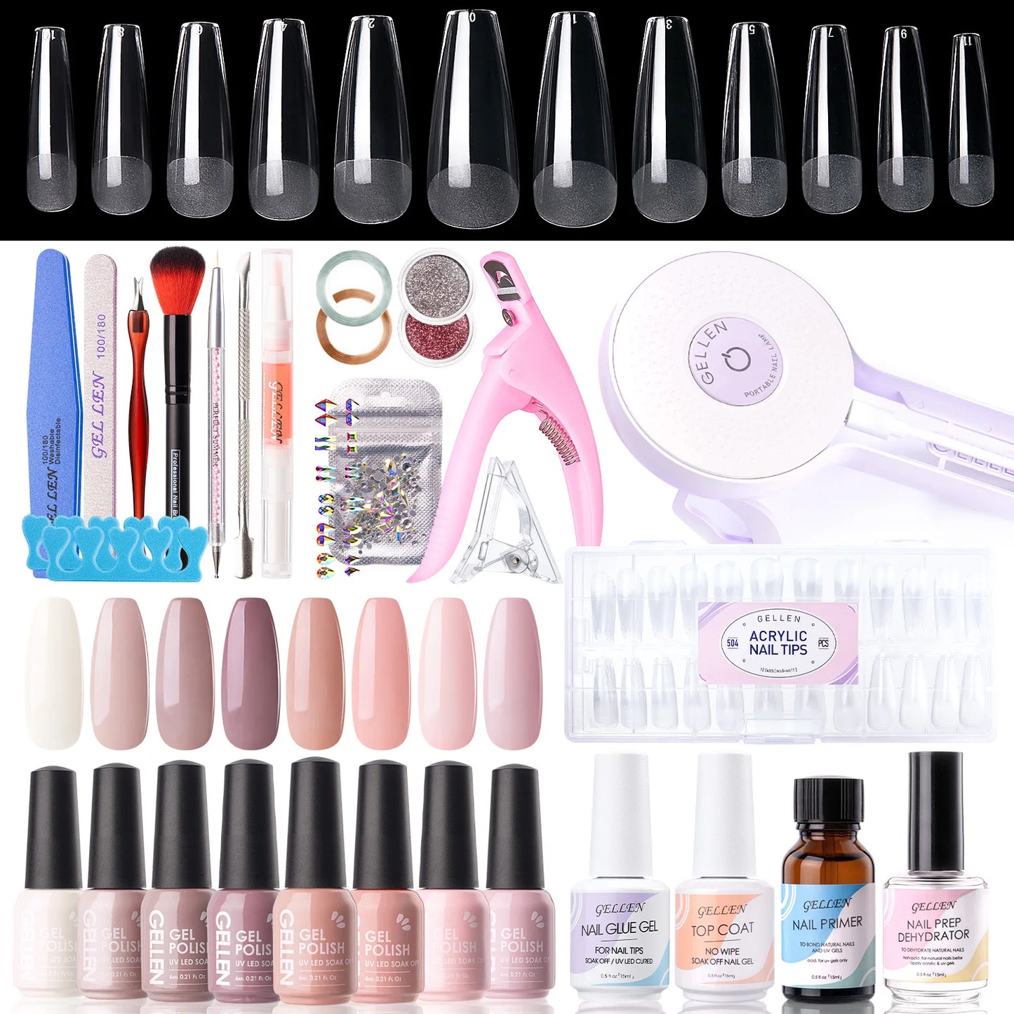 8 Colors Gel Nail Polish Kit with 36W UV Light Nail Dryer 504Pcs Coffin Fake Fails Tips and Glue Prep Top Base Coat Manicure Kit