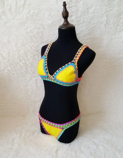 Bikini Crochet 2025 Handmade Knit Patchwork Reversible 2 Piece Swimsuit Women Halter Top Brazilian Bathing Suit Thong Swimwear