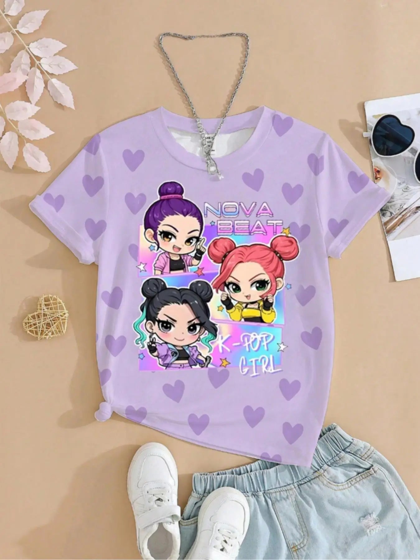 Girls' Nova Beat "Heart Pattern" Graphic Tee: Purple Chibi Idol Summer T-Shirt