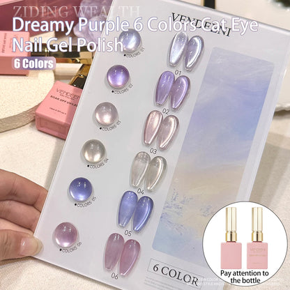 Vendeeni 6 Colors Crystal Cat Eye Gel Nail Polish Set Semi Permanent Sparkling Magnetic UV LED Soak Off Gel Varnish With Display