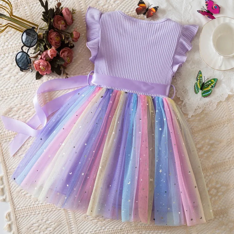 Girls' HUNTRX Rainbow Tulle Princess Dress: Sequin Star & Chibi Idol Party Gown