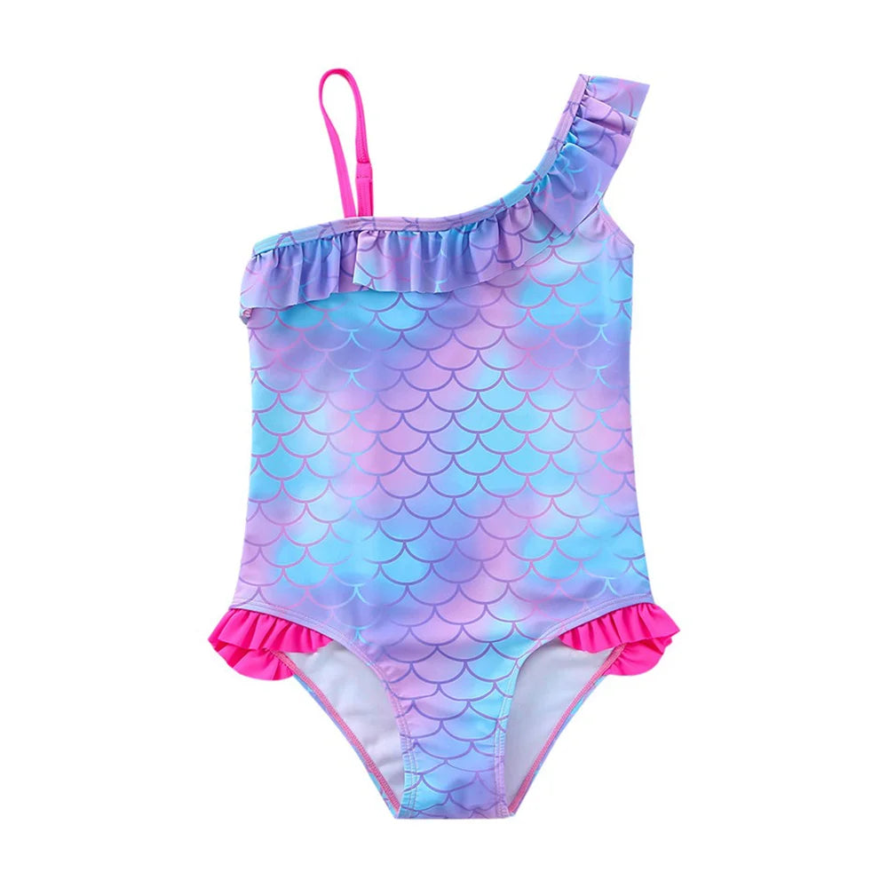 Girls' "Mermaid Heart" One-Piece Swimsuit: Colorful Scale Pattern with Asymmetric Ruffles
