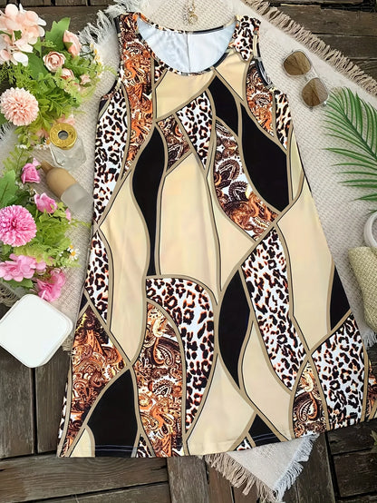 Women's Leopard Paisley Patchwork Print Sleeveless Dress Summer Casual Round Neck Loose A Line Swing Sundress