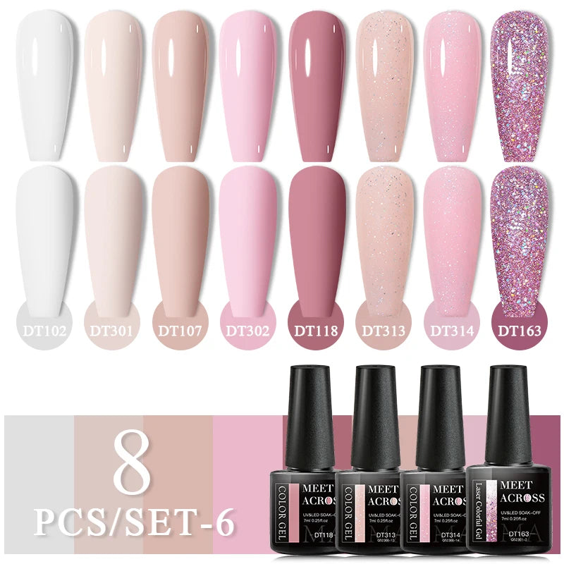MEET ACROSS 8Pcs/Set Glitter Red Pink Orange Gel Nail Polish Semi Permanent Soak Off UV Gel Varnish Nail Art Manicure Kit