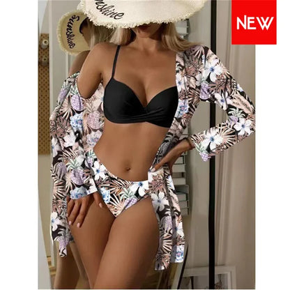 Three Pieces Bikini Set Cover Up Women 2023 New Push Up Twist Swimsuit Print Long Sleeve Swimwear Biquini Bathing Suit Summer