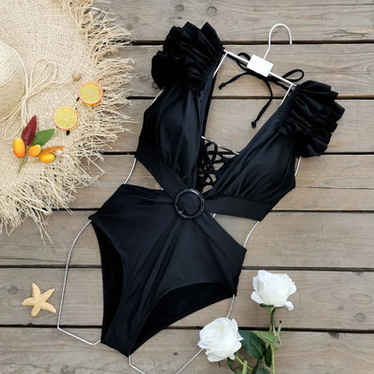 2024 Sexy Women's Swimsuit with Skirt One-Piece Swimwear Vintage Ruffle V Neck Cover Up Bikinis Set Beachwear Bathing Suit