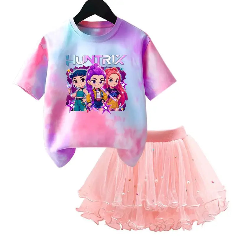 Girls' K-Pop HUNTRX Princess Set: Tie-Dye Graphic Tee & Pearl Tutu Skirt 2-Piece Outfit