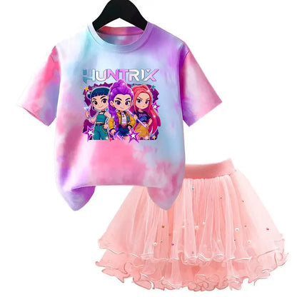 Girls' K-Pop HUNTRX Princess Set: Tie-Dye Graphic Tee & Pearl Tutu Skirt 2-Piece Outfit