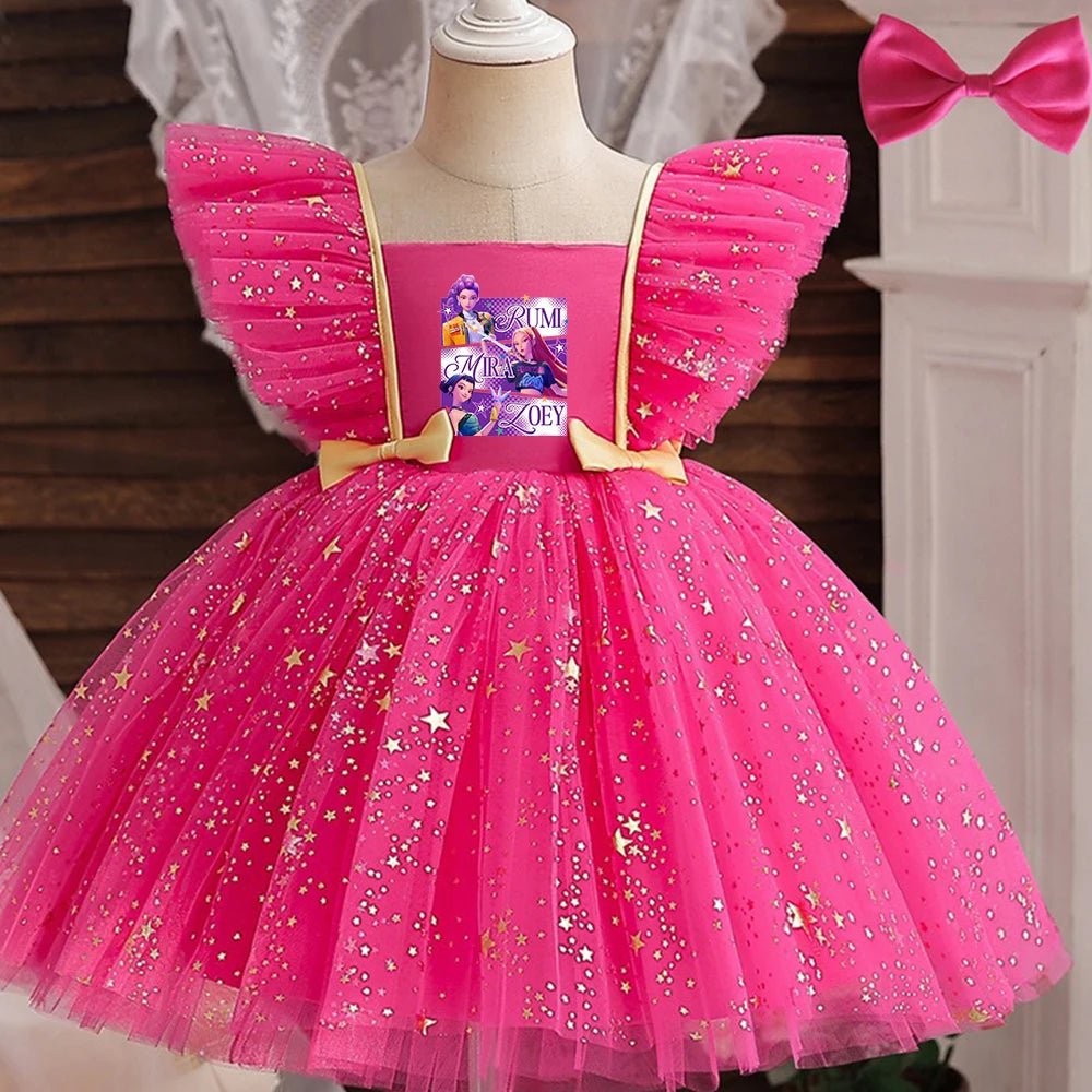 K-Pop Hunters Zoey Rumi Girl Fall Party Dress Birthday Holiday High Waist Tulle Dress Bow Wedding Gown Kids Wear Princess Dress