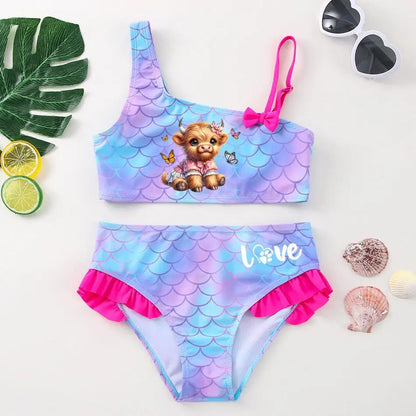 Girls' "Nature Love" Bikini Set: Mermaid Scale Pattern with Chibi Fox & Asymmetric Ruffles