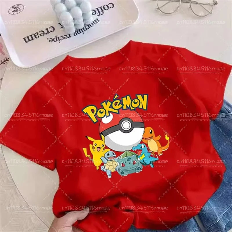Pok é Mon Children's/Adult Clothing Pikachu Cotton T-shirt Boys and Girls Cartoon Anime T-shirt Cute Printed Clothing Gift
