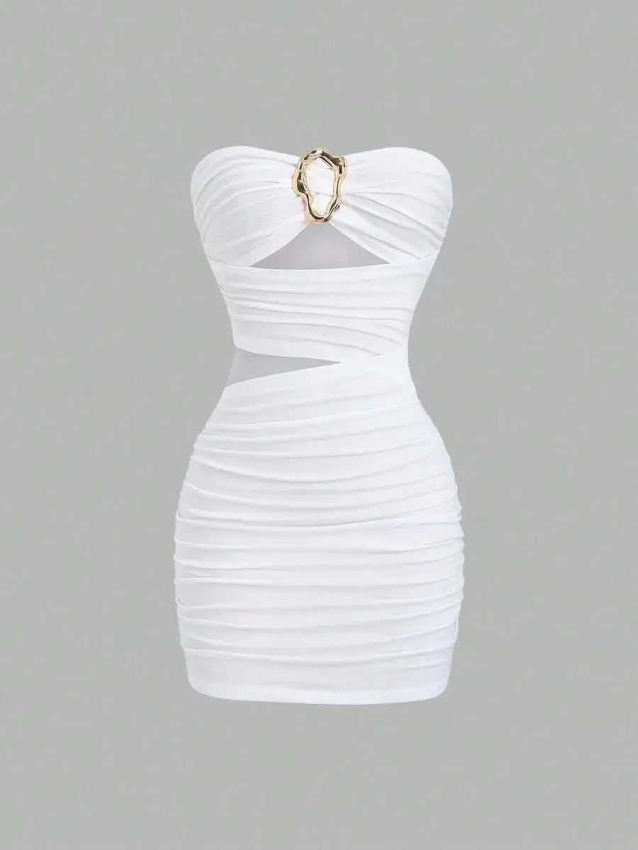 Women's Sexy Slim-Fit Strapless Bustier Mini Dress with Metal Buckle