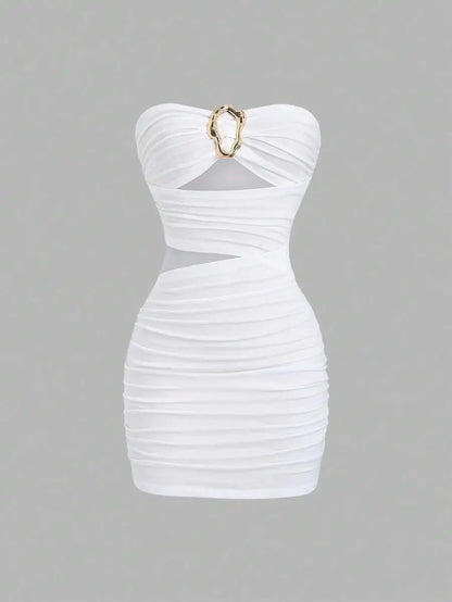 Women's Sexy Slim-Fit Strapless Bustier Mini Dress with Metal Buckle