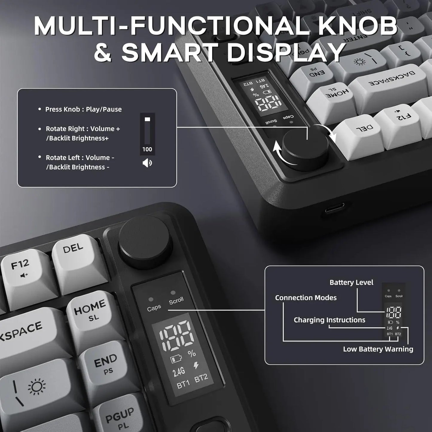 ATTACK SHARK M75 Wireless Membrane Gaming Keyboard with Knob&OLED Display Bluetooth/2.4Ghz Rainbow Backlit Gradient PBT Keycaps